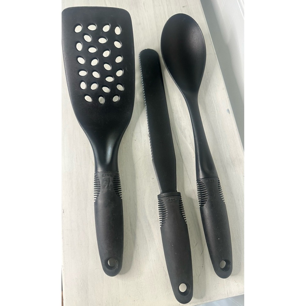 Lot of 3 OXO Good Grips Black Nylon Slotted Turner/ Spatula & Spoon